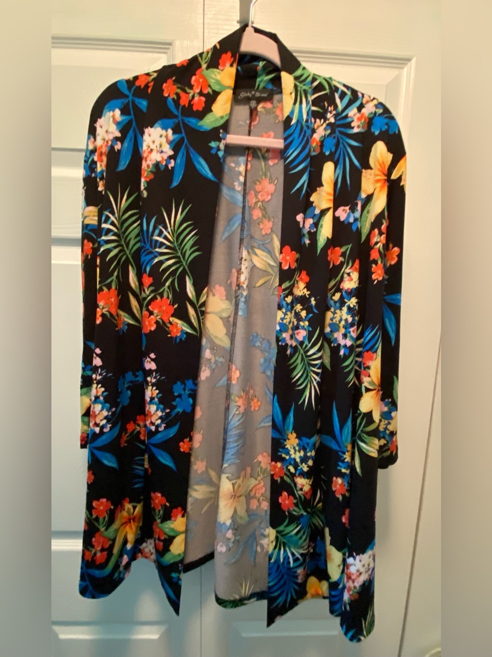 Slinky Brand Multi-color Tropical open-front cardigan on Black background Large